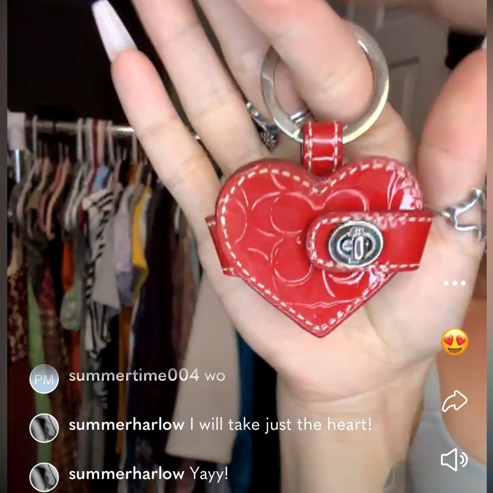Coach Red Signature Patent Turn Lock Heart KeyChain Bag Charm Photo Locket